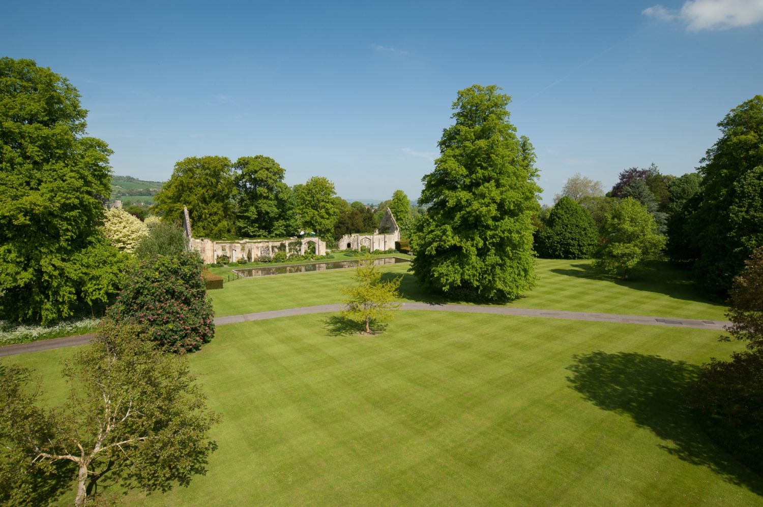 Aerial shot of the North Lawn on a sunny day