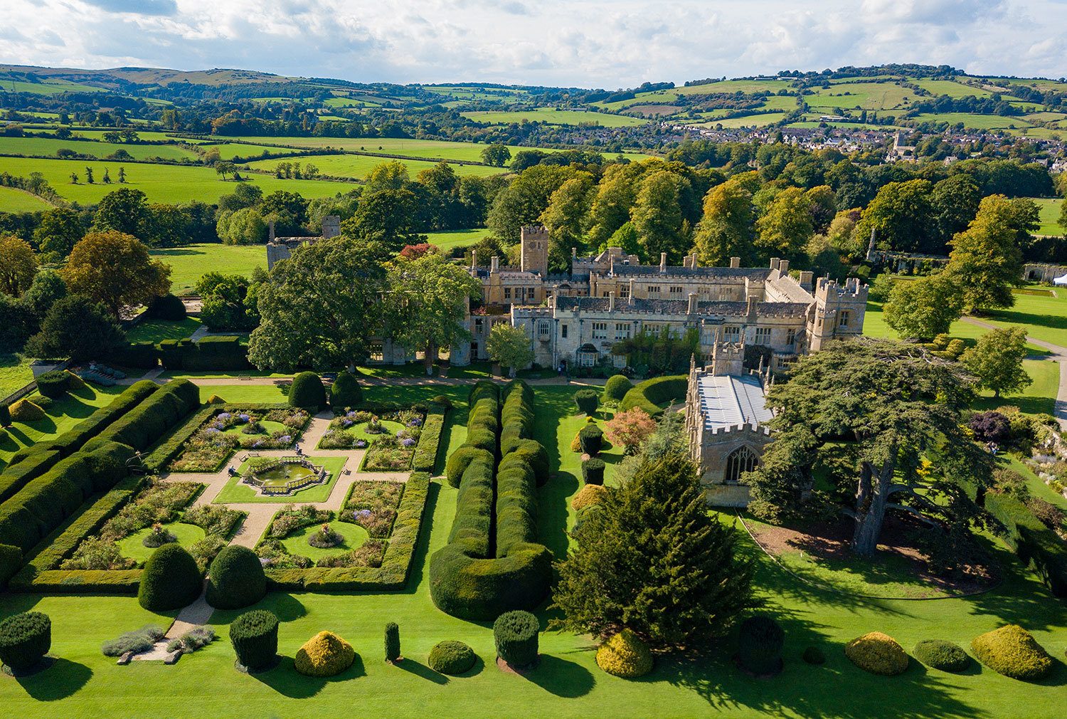 Aerial shot of Sudeley Castle from Queens Garden