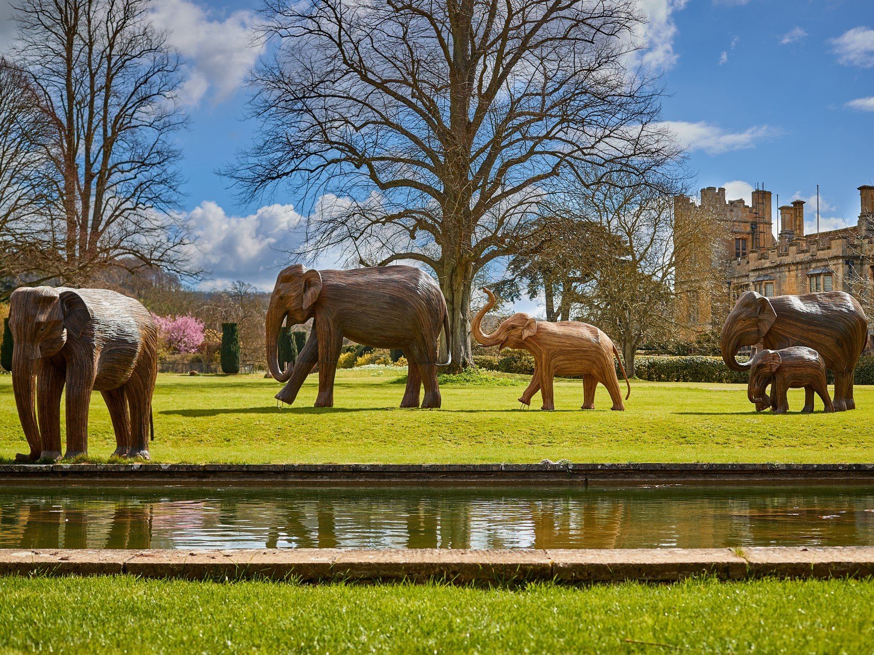 5 Elephant Sculptures in position walking across castle lawn