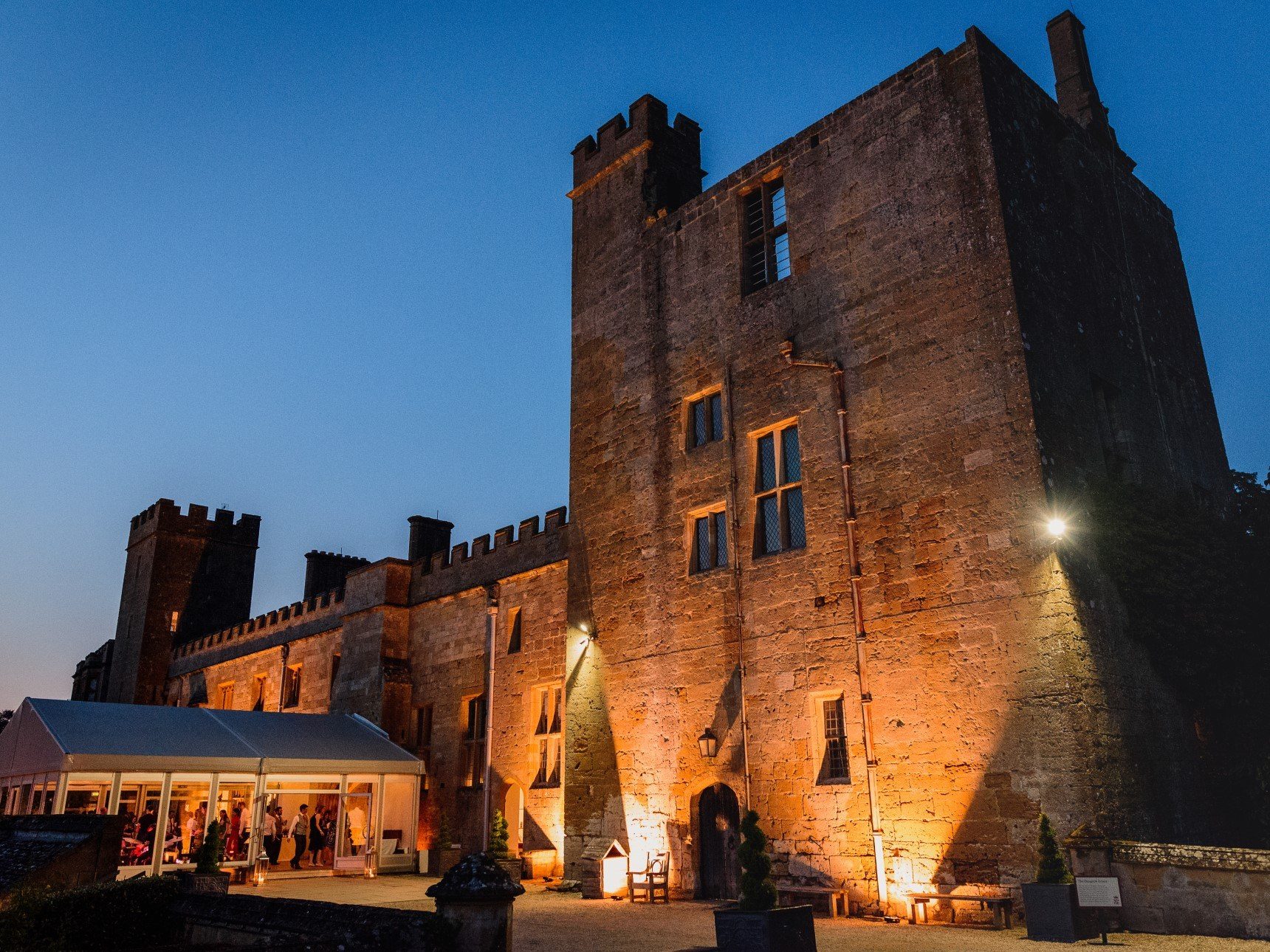 Dungeon Tower and Pavilion lit up at night